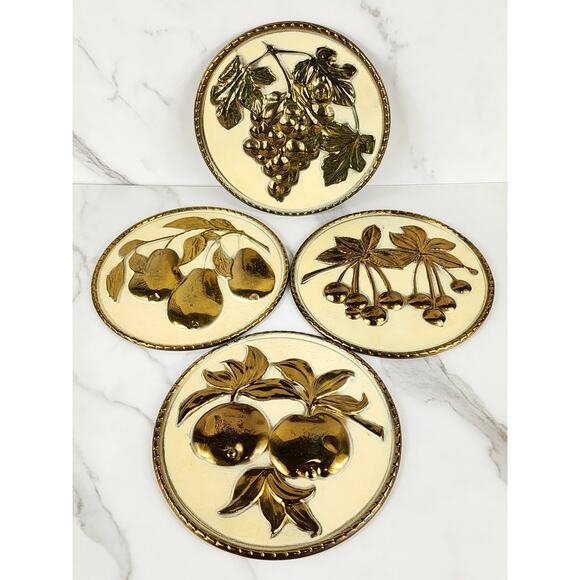 Elpec England Brass Embossed Fruit Wall Hanging Plaques 7 1/2" Home Decor 80s x4 - Picture 1 of 16